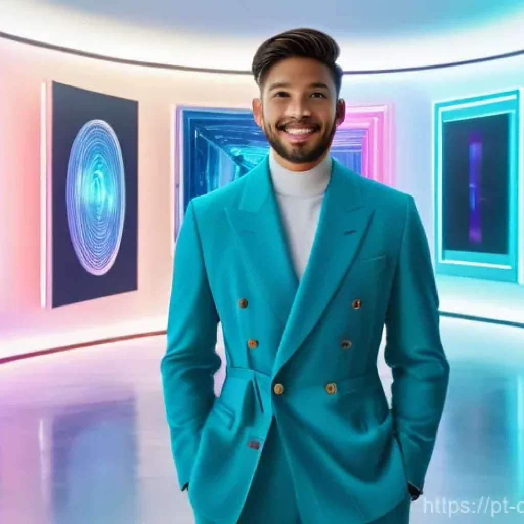 디지털 소유권의 미래를 위한 기술 혁신 - **Prompt:** "A vibrant, futuristic digital art gallery bustling with a diverse crowd of individuals....