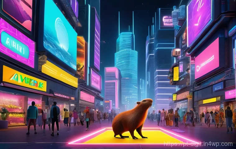 디지털 소유권의 미래를 위한 기술 혁신 - **Prompt:** "A vibrant, futuristic digital art gallery bustling with a diverse crowd of individuals....