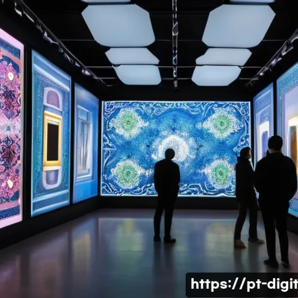 디지털 소유권의 미래를 위한 혁신적 기획 - **Prompt:** A dynamic, wide shot of a futuristic digital art gallery inspired by traditional Portugu...