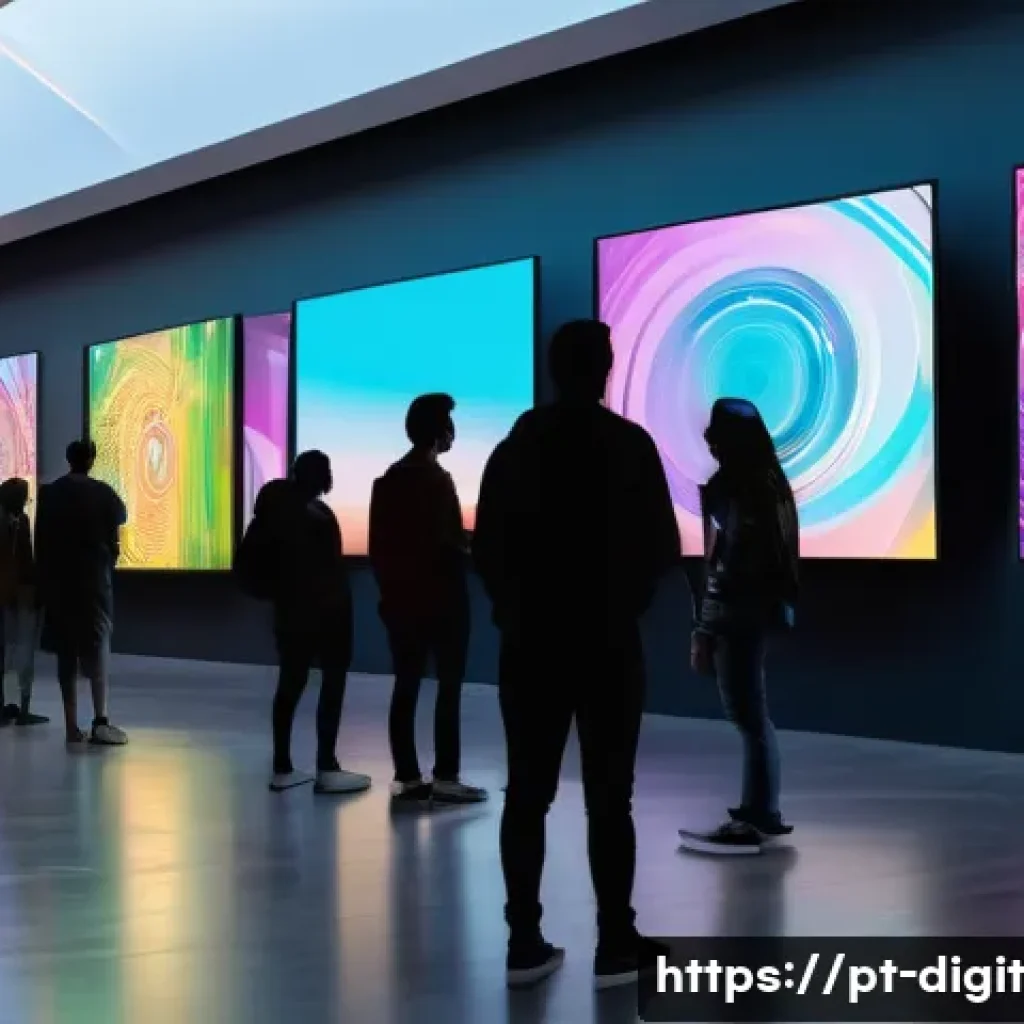 디지털 소유권의 미래를 위한 협업 모델 - A vibrant digital art gallery set in São Paulo, Brazil, showcasing diverse Brazilian artists’ NFT ar...