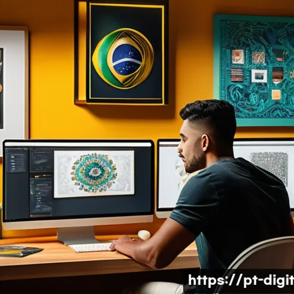 디지털 아트의 소유권 확장을 위한 전략 - A modern digital artist workspace featuring a Brazilian creator seated at a sleek desk with multiple...