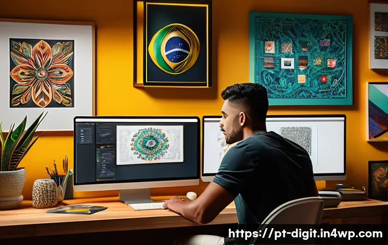 디지털 아트의 소유권 확장을 위한 전략 - A modern digital artist workspace featuring a Brazilian creator seated at a sleek desk with multiple...