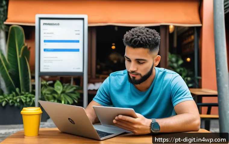 디지털 자산 소유권과 사용자 보호 방안 - A professional Brazilian man sitting at a cozy café in São Paulo, using a laptop with a visible pass...