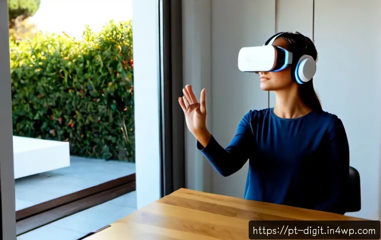 VR 및 AR에서 디지털 소유권의 응용 - Photorealistic modern Lisbon apartment workspace, a Portuguese woman wearing a sleek mixed-reality h...